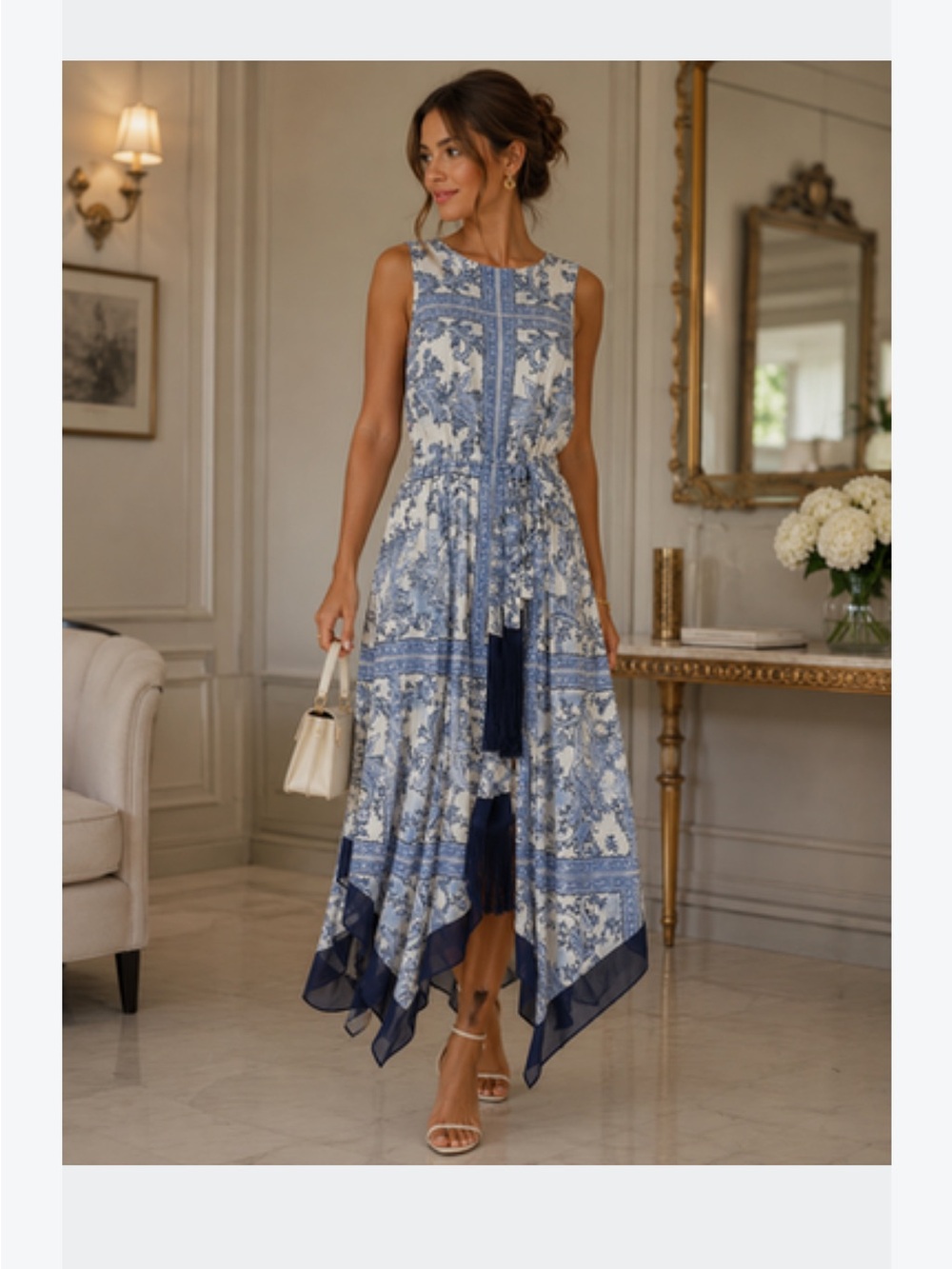 Michael Kors Blue & White Floral Handkerchief Hem Maxi Dress